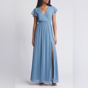 NWT Lulus maxi dress Lost in the Moment Flutter Sleeve Gown slate blue Sz S
